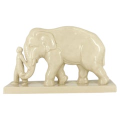 1930s French Art Deco Elephant & Mahout Ceramic Sculpture by Stef