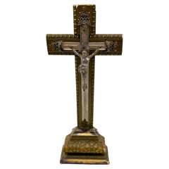 Antique European Ornate Metal Crucifix with Christ Figure & Decorative Pedestal