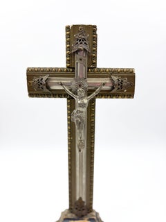 Antique European Ornate Metal Crucifix with Christ Figure & Decorative Pedestal
