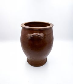 Antique Brown Glazed Pottery Storage Jar with Handles, Stamped Belgique
