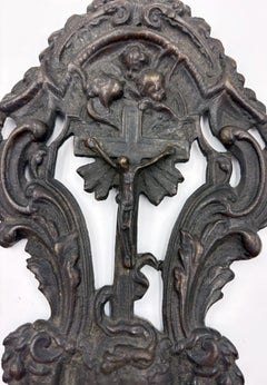 Antique European Ornate Bronze Holy Water Font w Cherub and Baroque Scrollwork