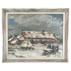 European Impressionist Winter Farmhouse Landscape Painting, signed & dated 1973
