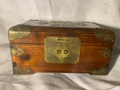 Antique Chinese Hardwood Jewelry Box, Carved White Jade, Engraved Brass Mounts
