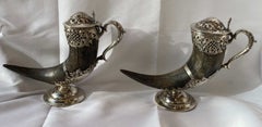 Fabulous Pair of Victorian Sterling Silver-Mounted Horn Drinking Vessels