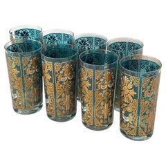 Mid 20th Century Scandinavian Teal and Gold Glass Tumblers, Set of 8