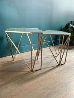 Geometric Brass Faceted Side Table with Hexagonal Mirrored Top