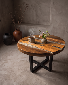 Handmade Round Hardwood and Crushed Glass Resin Coffee Table on Steel X-Base