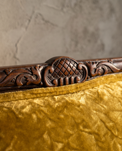 Vintage Carved-Wood Camelback Sofa in Gold Velvet