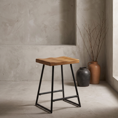 Onda Stool, Carved Wave-Form Wood Seat on Blackened Metal