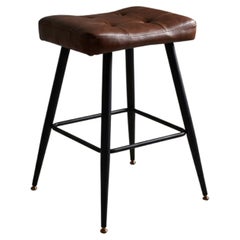 Pleather Saddle Counter Stool, Cognac Diamond Tufting, Black Steel Frame