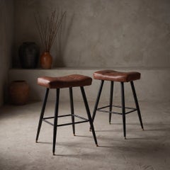 Pleather Saddle Counter Stool, Cognac Diamond Tufting, Black Steel Frame