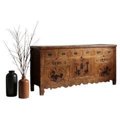 Antique Chinese Hand-Painted Sideboard with Ink Calligraphy and Florals