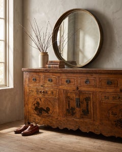 Antique Chinese Hand-Painted Sideboard with Ink Calligraphy and Florals
