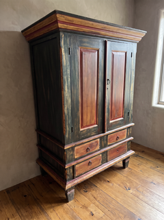 Hand-Painted Green-Black Armoire with Ochre and Red Detailing, Four Drawers