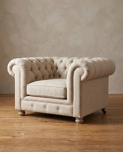 Restoration Hardware Diamond-Tufted Linen Chesterfield Chair-and-a-Half
