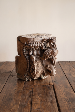17th Century Indian Hand-Carved Teak Temple Column Capital with Parrots