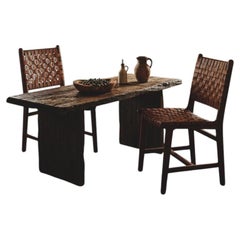 Indian Acacia Wood Dining Chair with Hand-Woven Coffee Leather Seat