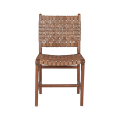 Indian Acacia Wood Dining Chair with Hand-Woven Coffee Leather Seat