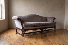 Chinese Chippendale Style Carved Camelback Sofa in Taupe Velvet with Fretwork