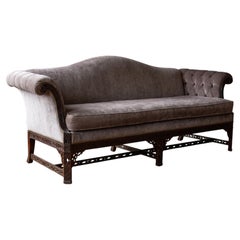 Chinese Chippendale Style Carved Camelback Sofa in Taupe Velvet with Fretwork