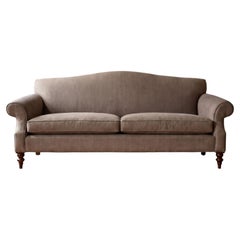 Restoration Hardware Taupe Ticking Stripe Camelback Sofa, English Scroll Arms
