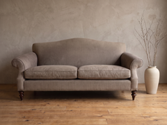 Restoration Hardware Taupe Ticking Stripe Camelback Sofa, English Scroll Arms