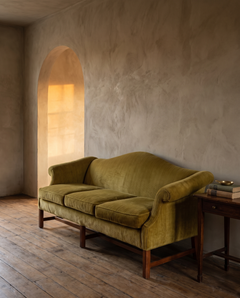 Sofá «Camelback» vintage de terciopelo color Chartreuse con brazos en forma de voluta y patas de caoba