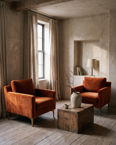 AllModern Jones Burnt Rust Velvet Track-Arm Lounge Chair on Brass Legs