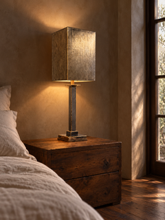 Antiqued Mirrored Column Table Lamp with Stepped Base and Tall Silver-Gold Shade
