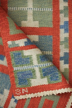 Tapis suédois tissé à la main selon la technique du tissage plat, par Svea Norén, motif géométrique, 1950