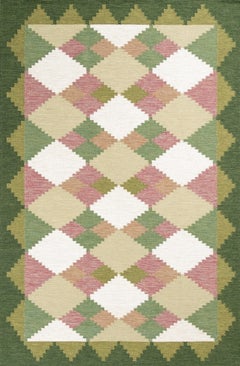 1950s Swedish Handwoven Flatweave Rug, Wool, Geometric, Green & Pink
