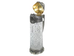 Paire de carafes à vin monumentales en argent sterling et cristal de Bohême, en forme de chouette