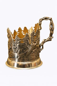 Sterling Silver Tea Holder with Winter Forest Relief and 24K Gold Vermeil