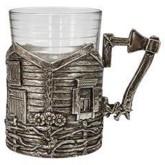 Handcrafted Sterling Silver Cup Holder with Sculptural Village Cottage Relief