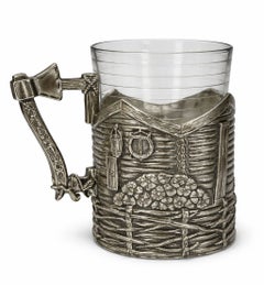 Handcrafted Sterling Silver Cup Holder with Sculptural Village Cottage Relief
