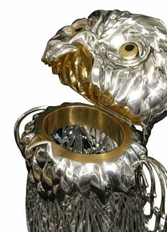 Guardian Owl Sculptural Sterling Silver and Bohemian Crystal Wine Pitcher