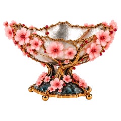 Art Nouveau Cherry Blossom Centerpiece Fruit Bowl in Sterling Silver & Pink Opal