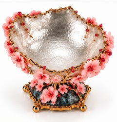 Art Nouveau Cherry Blossom Centerpiece Fruit Bowl in Sterling Silver & Pink Opal