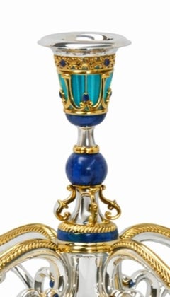 Candelabro imperiale in argento sterling con placcatura in oro 24 carati e lapislazzuli