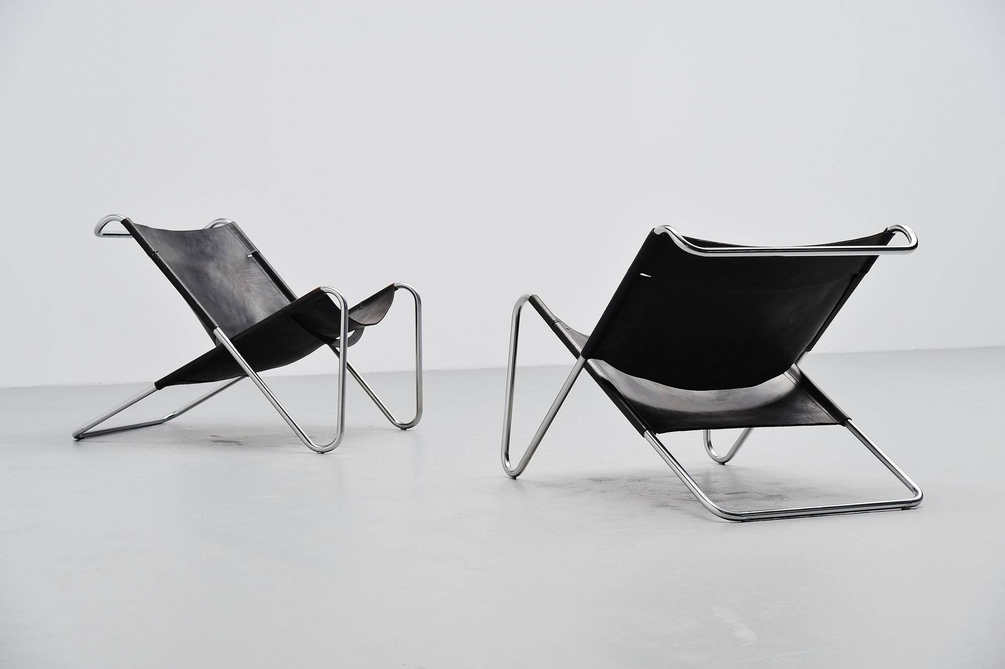 Ultra rare pair of lounge chairs designed by Chan Kwok Hoi, manufactured by ‘t Spectrum Holland and was in the collection from 1973-1974. The exact production numbers are unknown but not more than 100 chairs were produced. These chairs have brushed