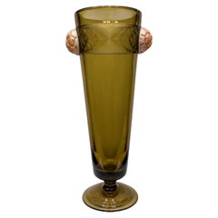 Vaso Schneider Le Verre Français Art Déco Verde Oliva con Asas Piñas Rosa
