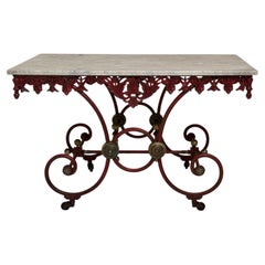 Early 20th-century French console table made of wrought iron with a marble top