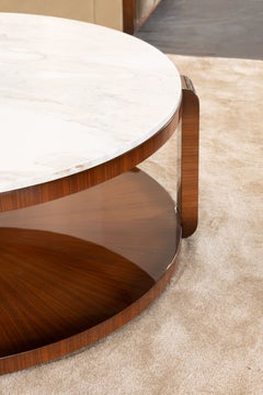 Center Table Walnut High Gloss Finish and White Calacatta Marble Top by Mariner