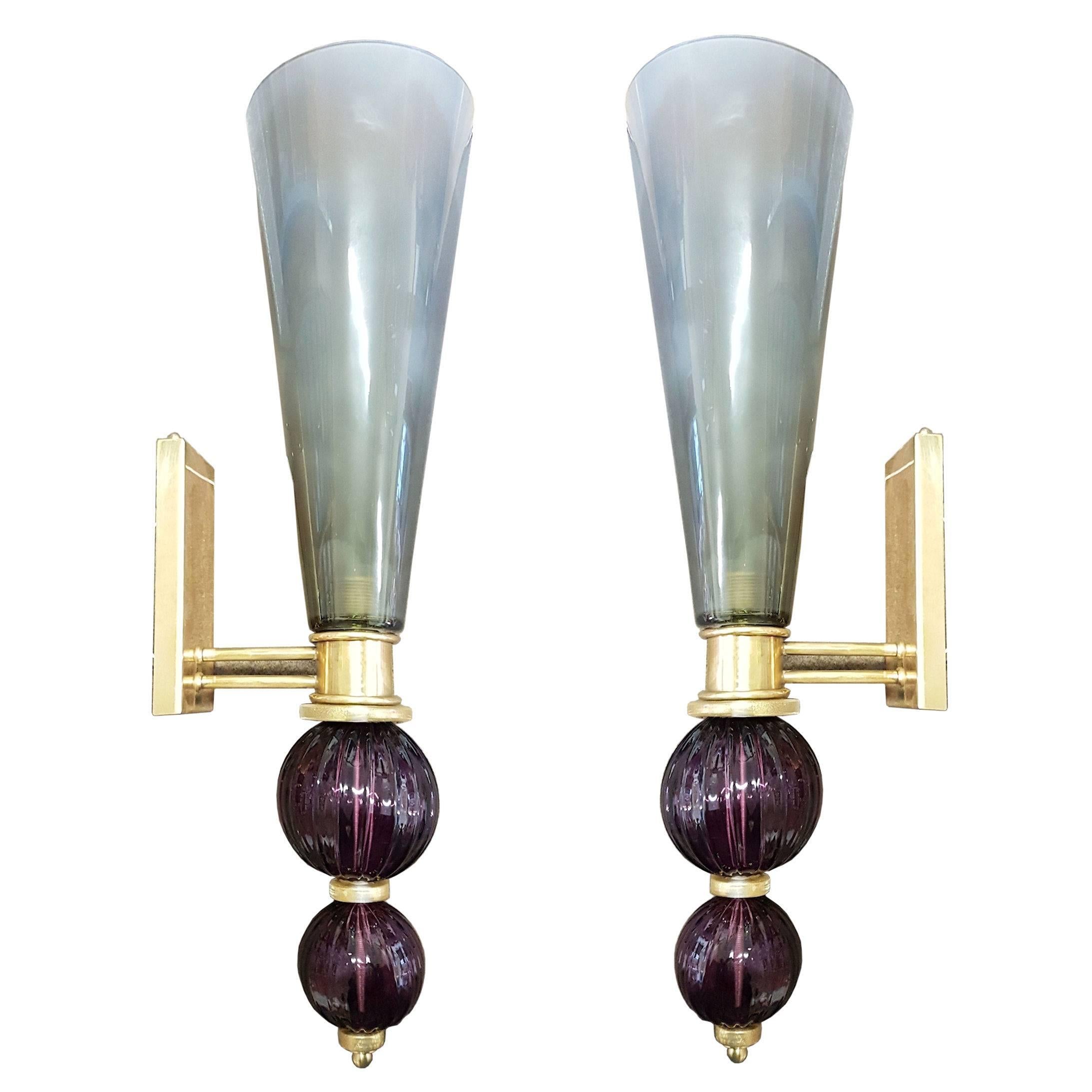 Large pair of gray and violet Murano glass sconces by Cenedese, Italy, 1970.