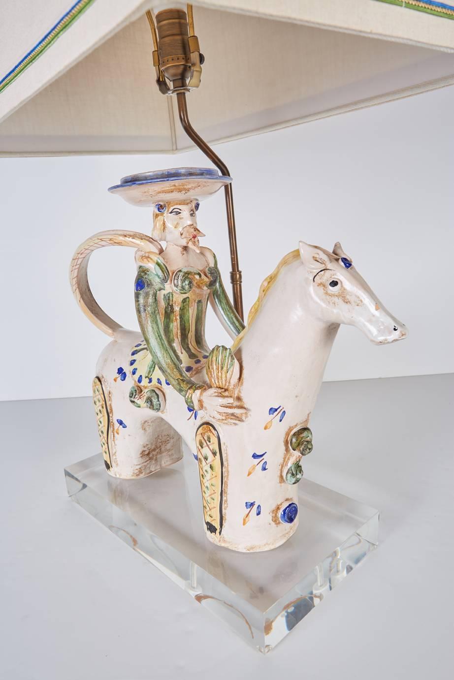Mid-Century Modern Italian Midcentury Ceramic Horse with Rider Now Custom Mounted as a Lamp