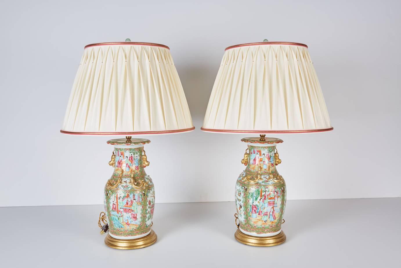 Pair of Antique Chinese Export Rose Mandarin Vases Now Custom Mounted as Lamps For Sale 1