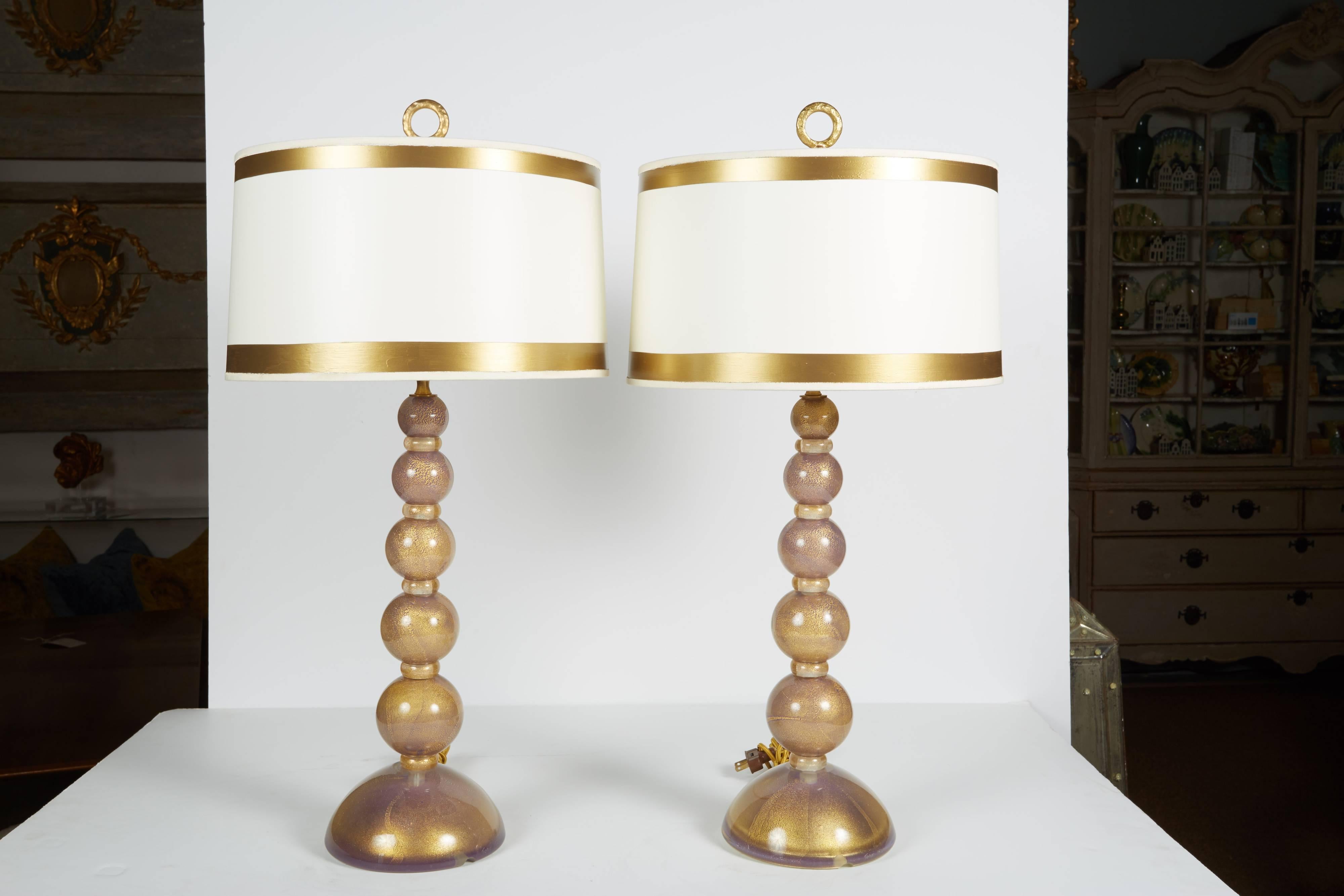 Late 20th Century Pair of Heavy Gold and Lavender Mid-Century Murano Glass Lamps