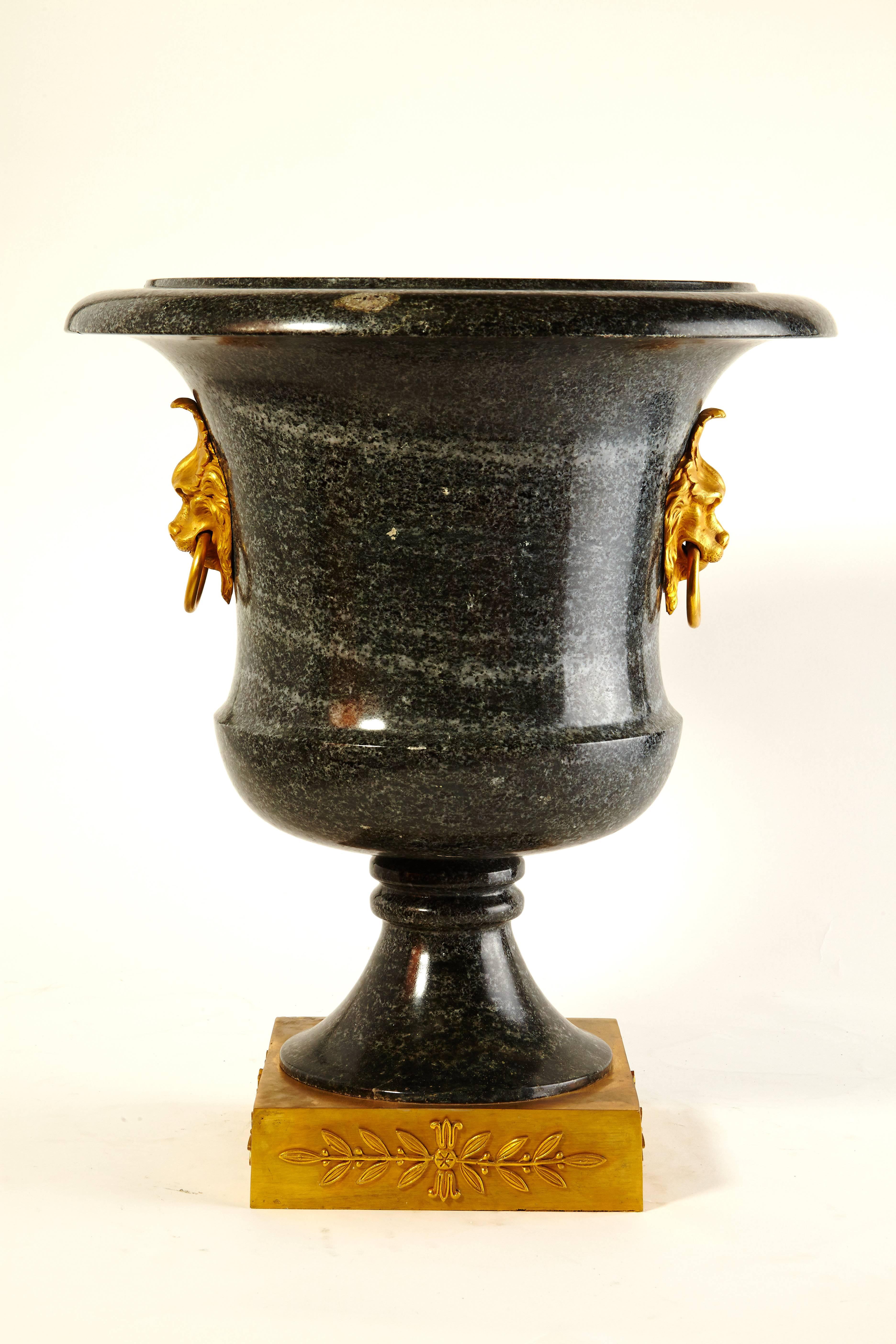 Pair of Large Neoclassical Green Granite and Gilt Bronze Urns In Excellent Condition For Sale In Dallas, TX