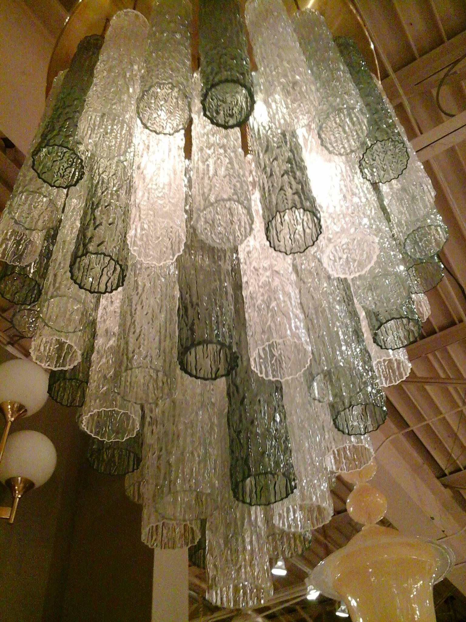 Venini Murano green tubes flush mount chandelier from Italy. Rewired.