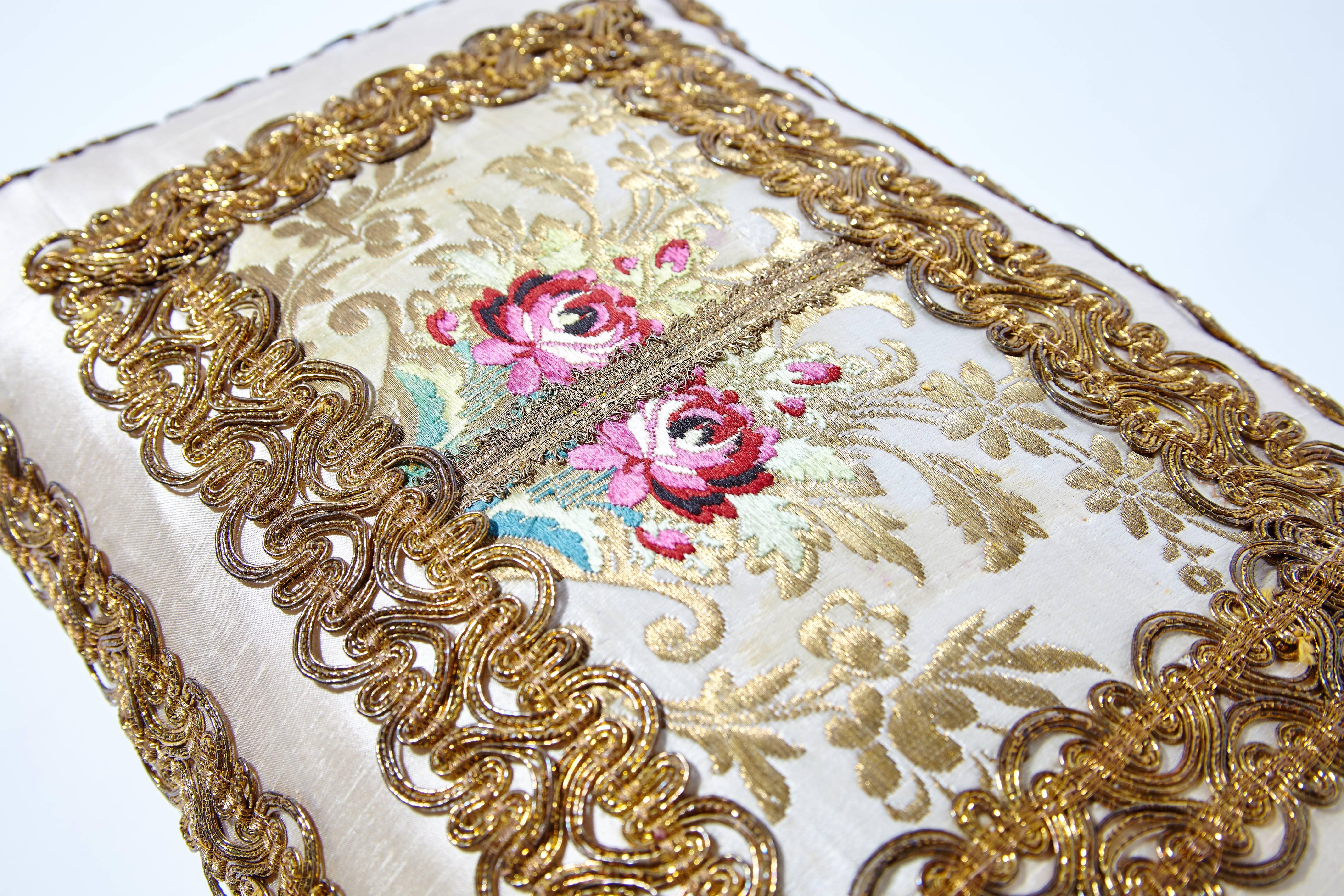 Rococo Antique Italian Brocade Fragment on Silk Pillow by Eleganza Italiana